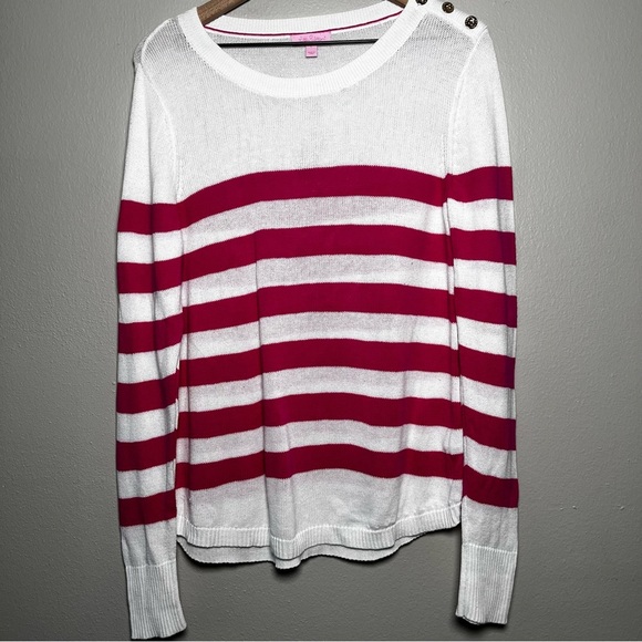 Lilly Pulitzer Women Sweater Large White Pink Stripe Preppy Nautical Fisherman‎ - Picture 1 of 9